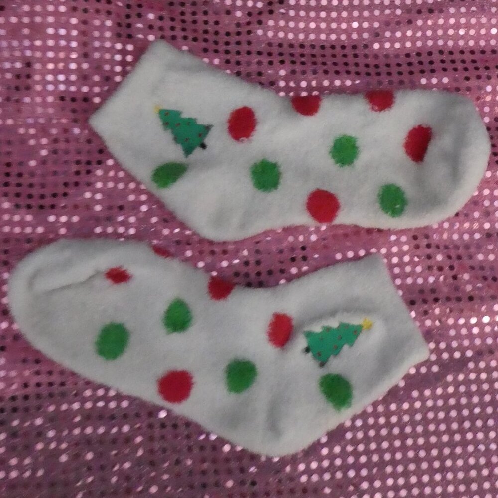 White Chenille Christmas - Holiday Socks | Polka Dots & Christmas Tree